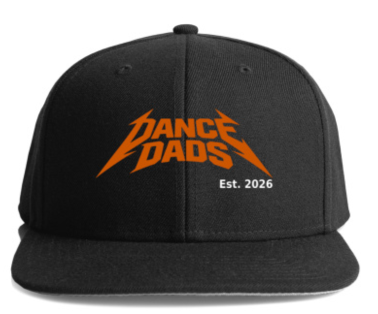 Front of the black Dance Dads snapback cap with the burnt-orange Dance Dads mark