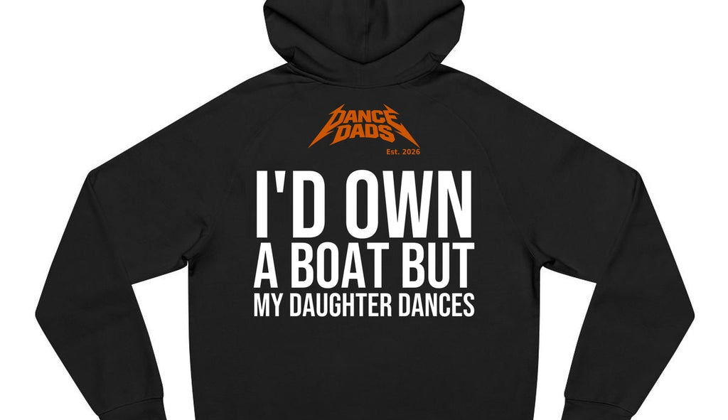 Close-up of the "I'd Own A Boat But My Daughter Dances" back print