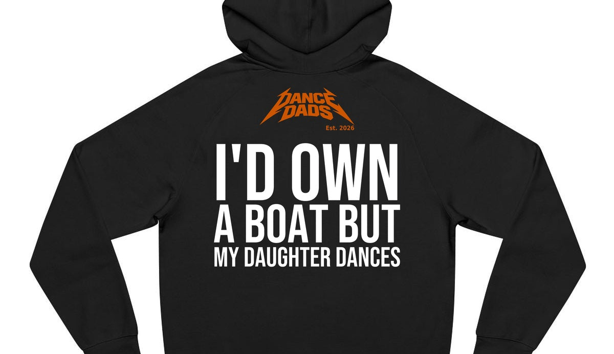 Close-up of the "I'd Own A Boat But My Daughter Dances" back print