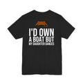 Black Dance Dads tee with "I'd Own A Boat But My Daughter Dances" printed across the back