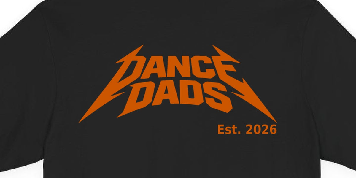 Close detail of the Dance Dads mark printed across the back
