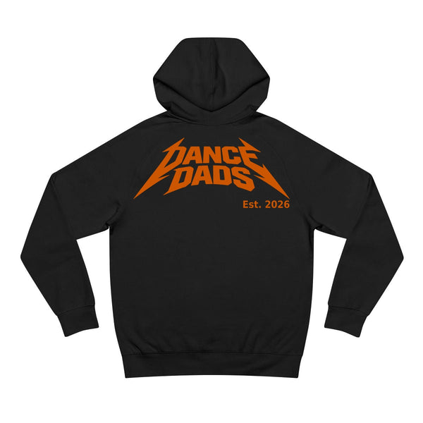Black Dance Dads hoodie with the original burnt-orange Dance Dads mark printed large across the shoulders