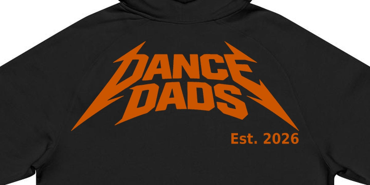 Close detail of the Dance Dads mark printed across the back of the hoodie
