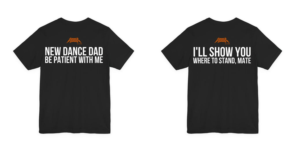 Both back prints shown together, Dance Dads mark under the collar on each