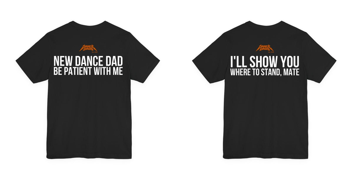 Both back prints shown together, Dance Dads mark under the collar on each