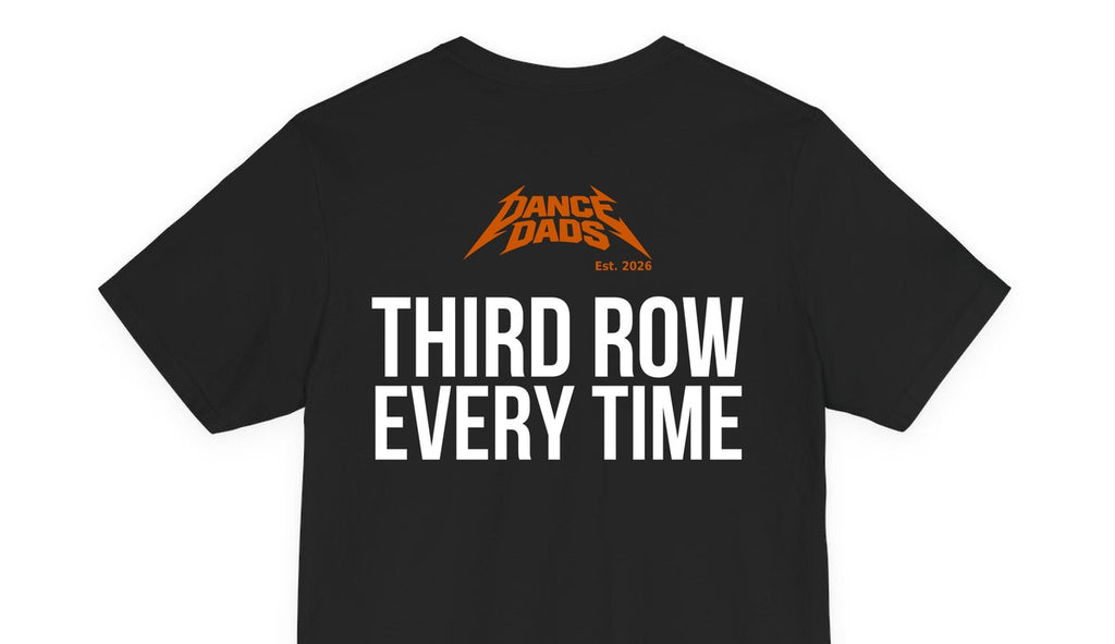 Close-up of the "Third Row. Every Time." back print